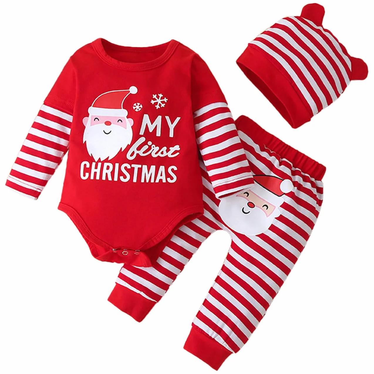 Completo per Neonate Set, Maniche Lunghe Volant Vestiti Bambina con My First Christmas, Pagliaccetto a Righe con di Babbo Natale Pantaloni e Cappello, Giorno di Natale per 0-24 Mesi, Rosso