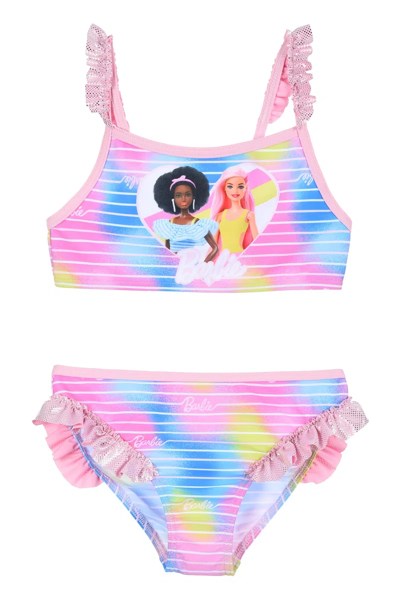Barbie Costume da Bagno Bambina, 2 Pezzi, Motivo Arcobaleno con Rouches