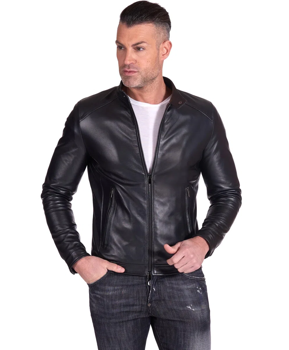 D'Arienzo Giacca Pelle Blu Uomo Giubbino Biker Vera Pelle Made in Italy Ted