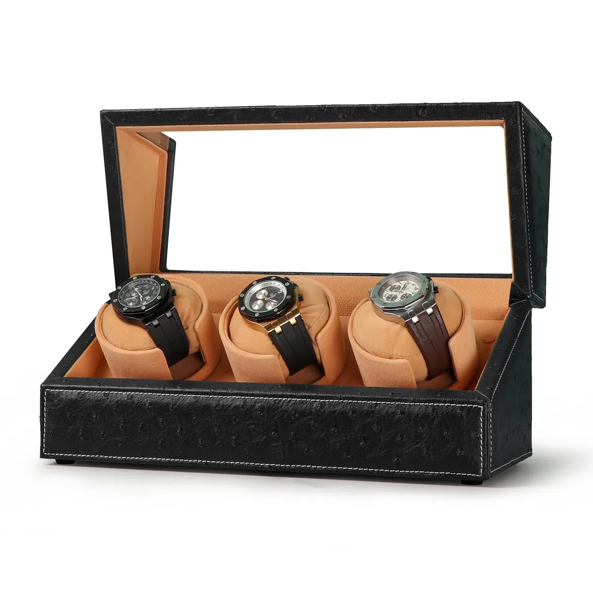 Caricatore automatico per orologi Rolex e altri orologi di lusso, carica automatica con motore silenzioso, esterno in pelle di struzzo nera di alta qualità e morbidi cuscini flessibili in