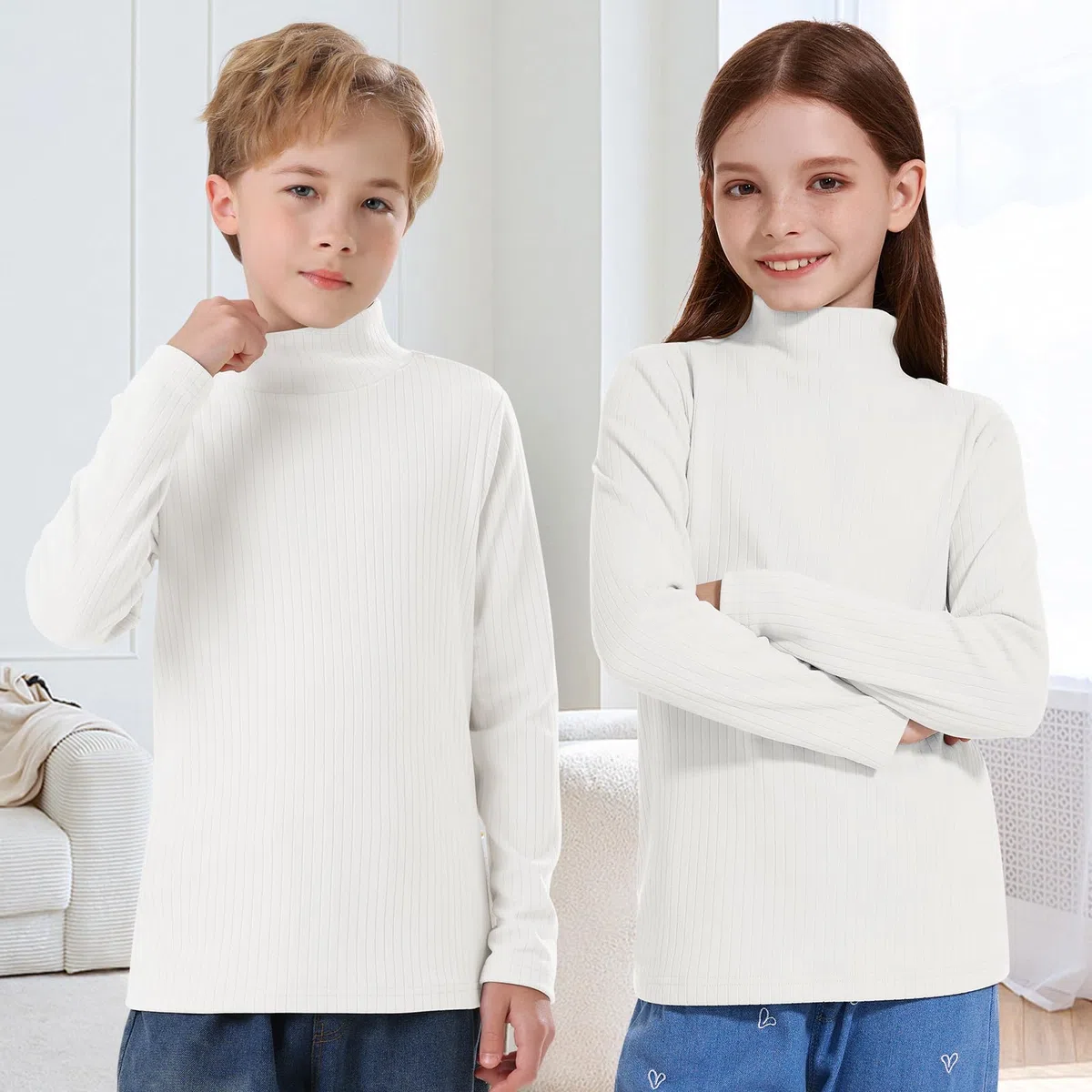 WOWENY Maglietta termica a collo alto in pile per bambini inverno 5-14 anni