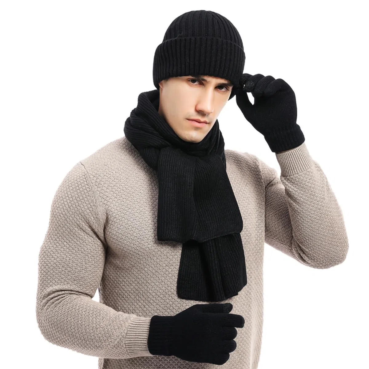 Set invernale da uomo con cappello, sciarpa e golf, guanti touch screen, cappelli lavorati a maglia, sciarpa lunga termica, foderato in pile, per uomini e donne, sport all'aria aperta