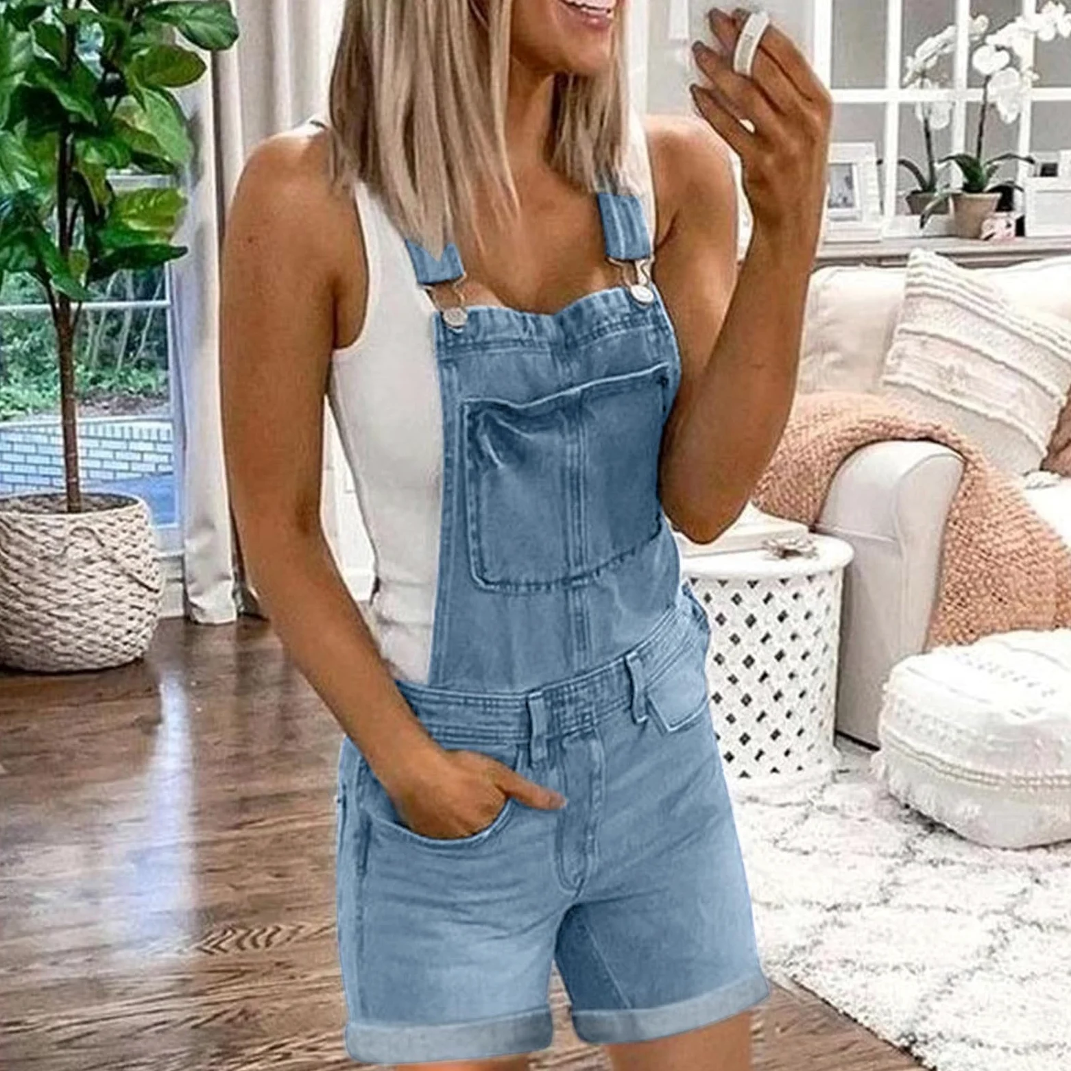 Generico Salopette Donna in Denim Lavato Tuta Jeans e alla per Un Attuale