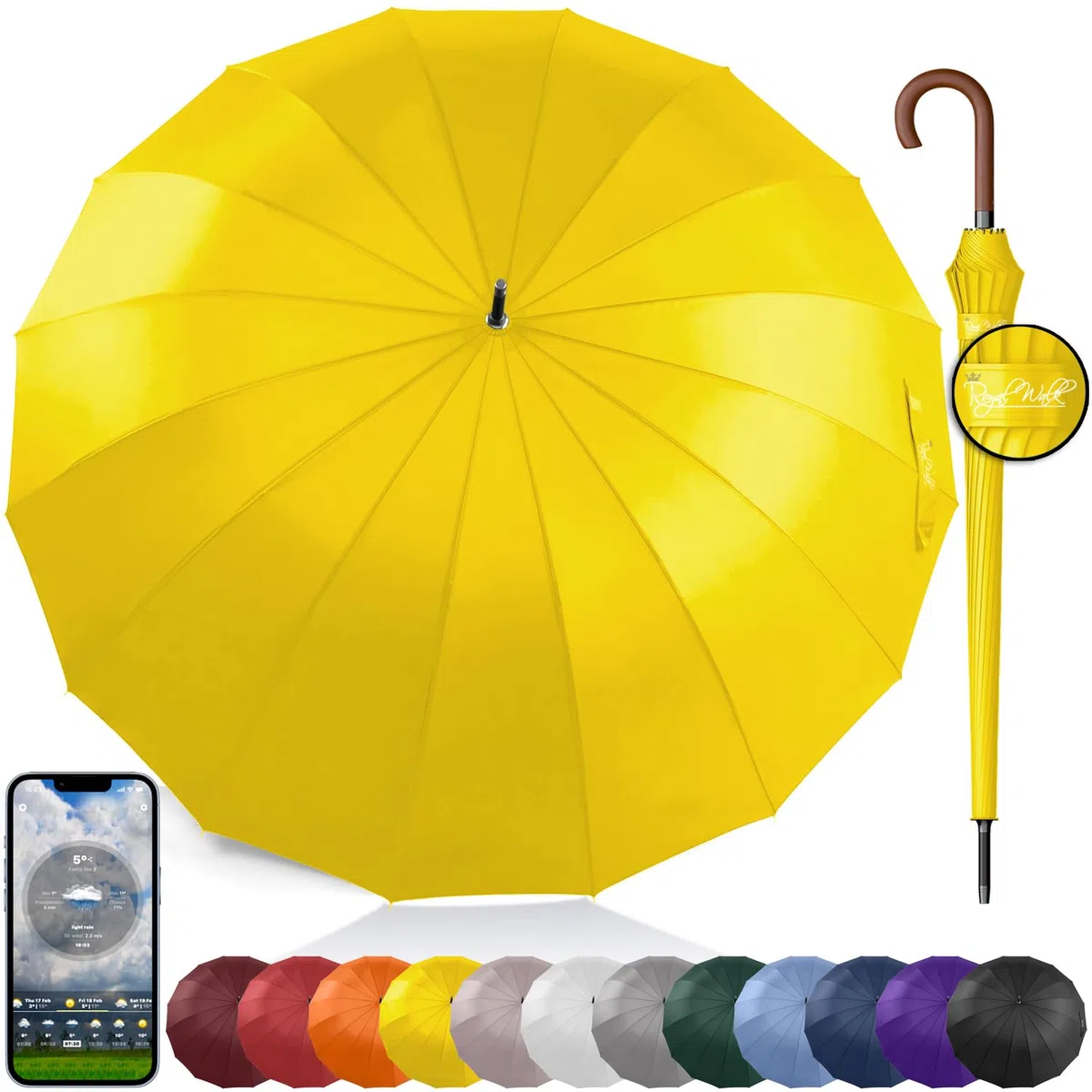 Royal Walk Ombrello Pioggia Antivento Grande 54 Pollici Ombrello Portatile Automatico Aperto Per 2 Persone Uomo Di Legno Leggero Resistente 16 Costole Golf Da Viaggio Impermeabile Robusto 120cm Giallo