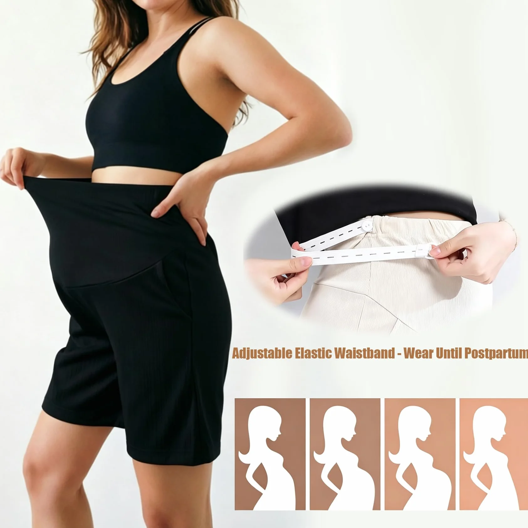 Pantaloncini Premaman Vita Alta – Gravidanza Pantaloncini Regolabili con Tasche, Comodi ed Elastici –Short Premaman per Allenamento, Yoga, Sport