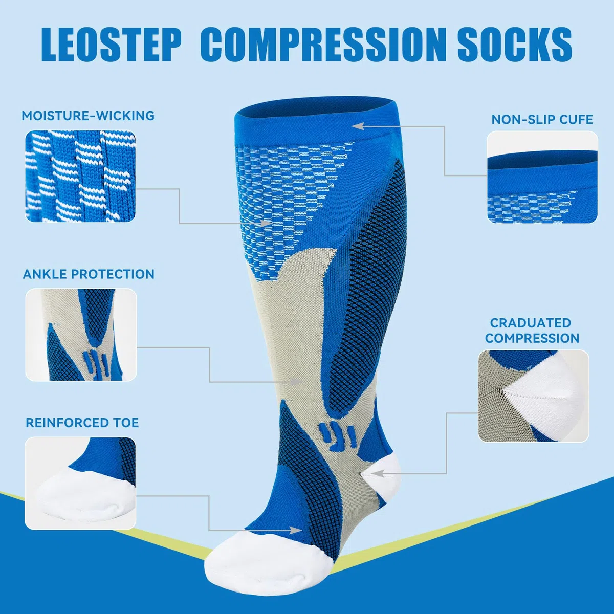 LEOSTEP 2XL-5XL Plus Size Calzino di compressione per uomini e donne Largo vitello (3 coppie) tubo lungo antiscivolo ideale per corsa, ciclismo, escursionismo Calzine di viaggio