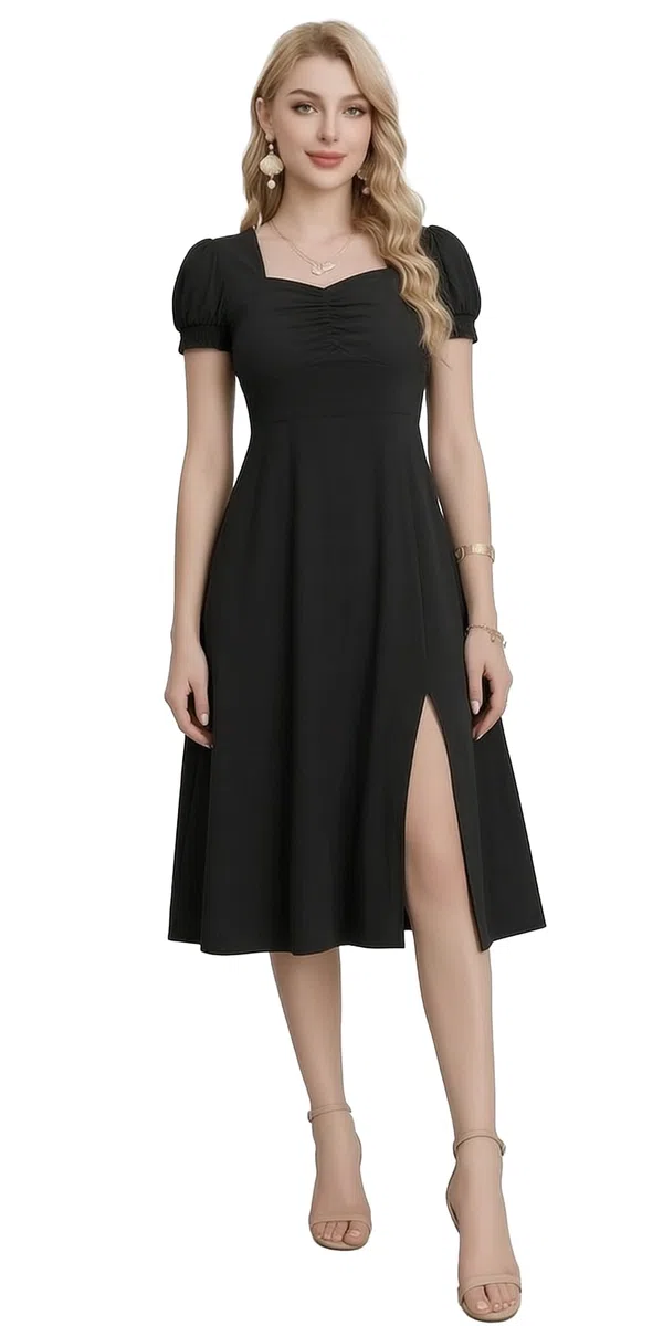 Vestiti Donna Estivi Eleganti Leggeri Manica Corta Vita Alta Abito Midi A Line con Scollo Quadrato e Spacco Laterale