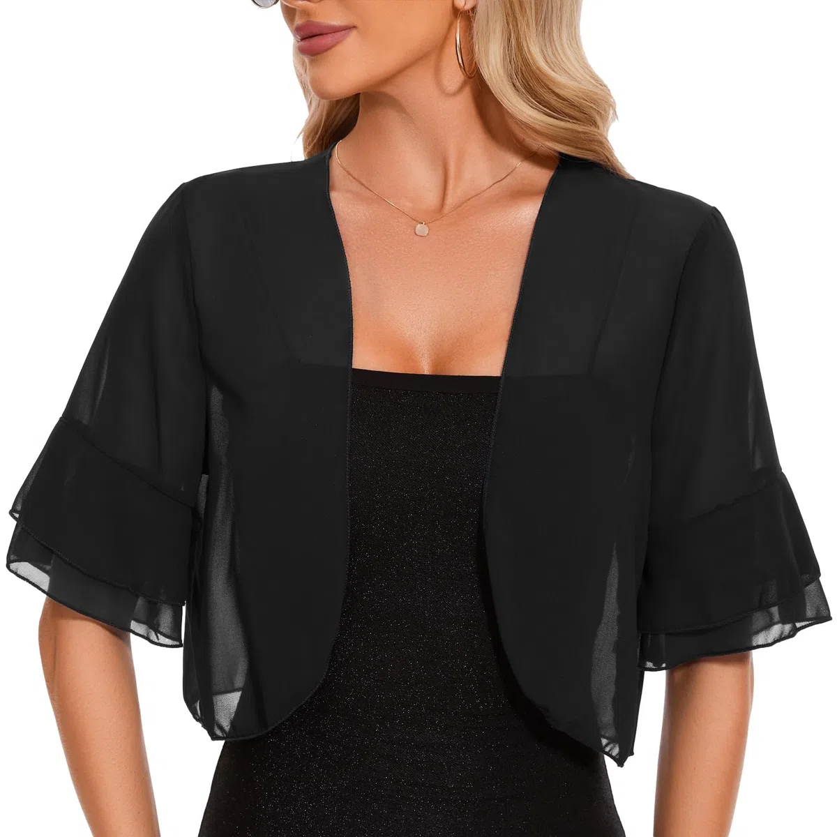 Coprispalle Donna Chiffon Bolero Elegante Estivo Corta Maniche per Abito da Sera Cardigan Corto Leggero Moda Giacca Corta Aperta Shrug Casual