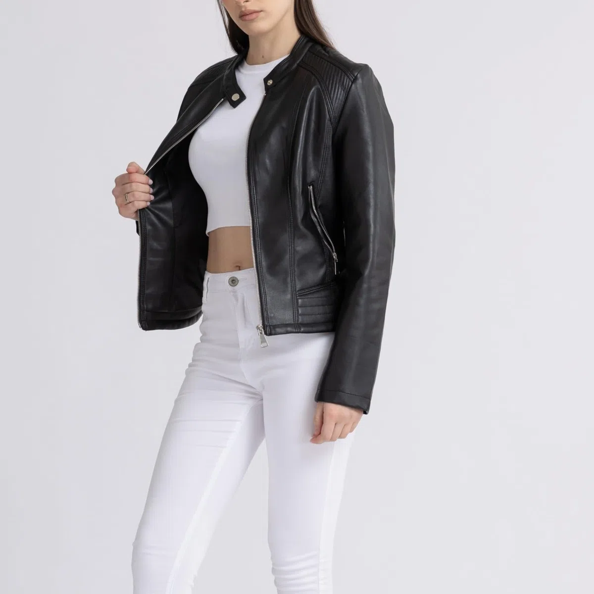 Giacca Donna in Ecopelle Leggera con Cerniera e Tasche