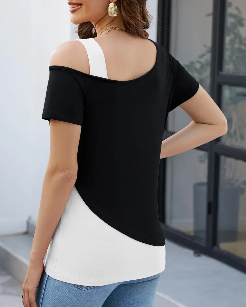 ZASFOU Donna Magliette Top Estive Camicia Elegante Manica Corta T Shirt Spalle Scoperte Tunica Blusa Camicetta