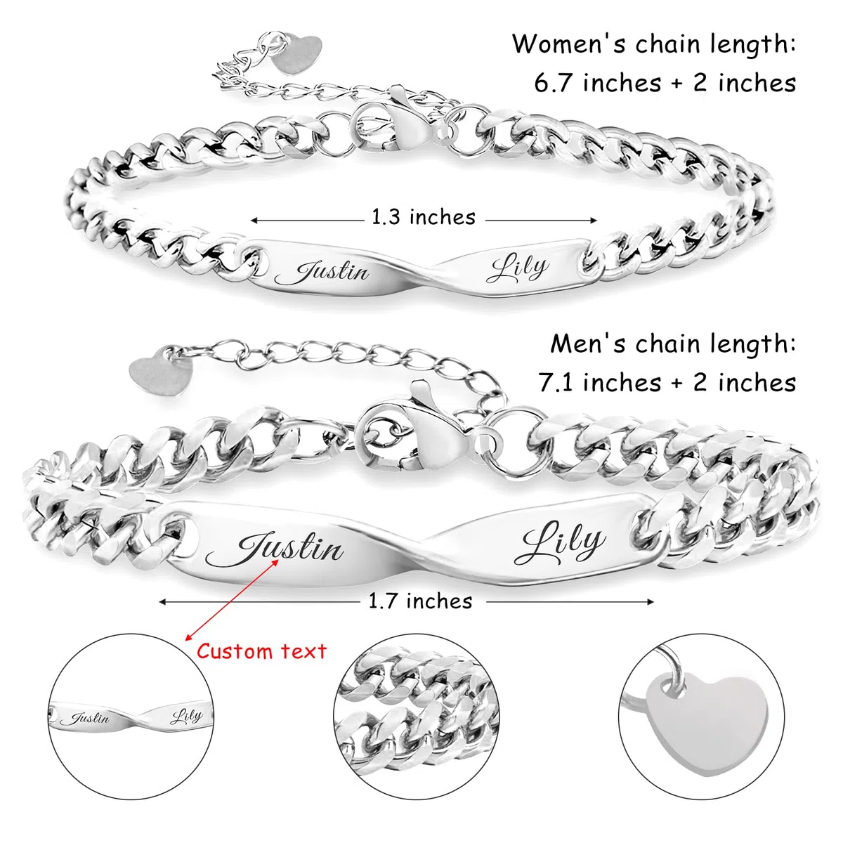 Set di bracciali a catena per coppie con simbolo dell'infinito personalizzato, incisione del nome personalizzabile,coordinato con i gioielli per lui e per lei