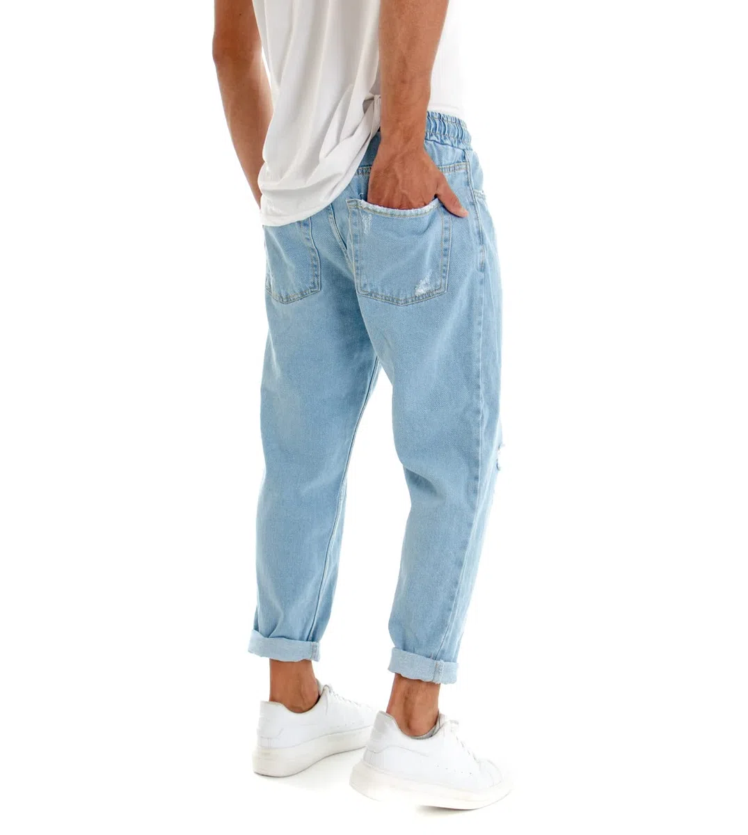 Pantalone Uomo Jeans Tinta Unita Rotture Elastico Coulisse
