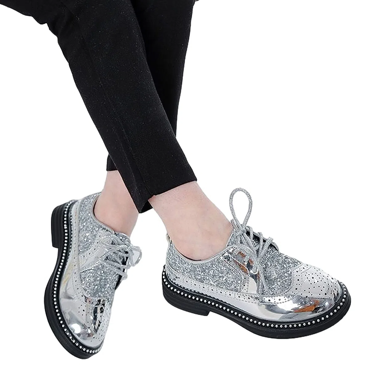 rismart Ragazzi Ragazze Stringata Brogue Oxfords Punta Rotonda Scintillante Paillettes Scarpe da Vestito Formali