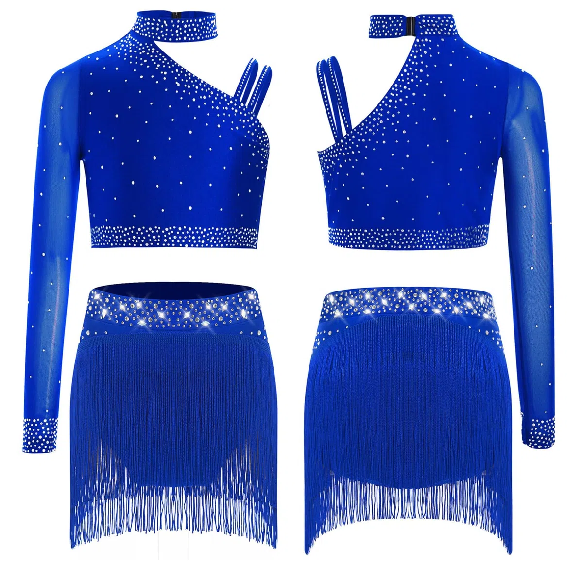 JEATHA Ragazza Abito da Ballo Latino Monospalla 2 Pezzi Top Corto con Strass e Gonna Irregolaro con Frange Vestito da Danza Classica Standard Salsa Samba