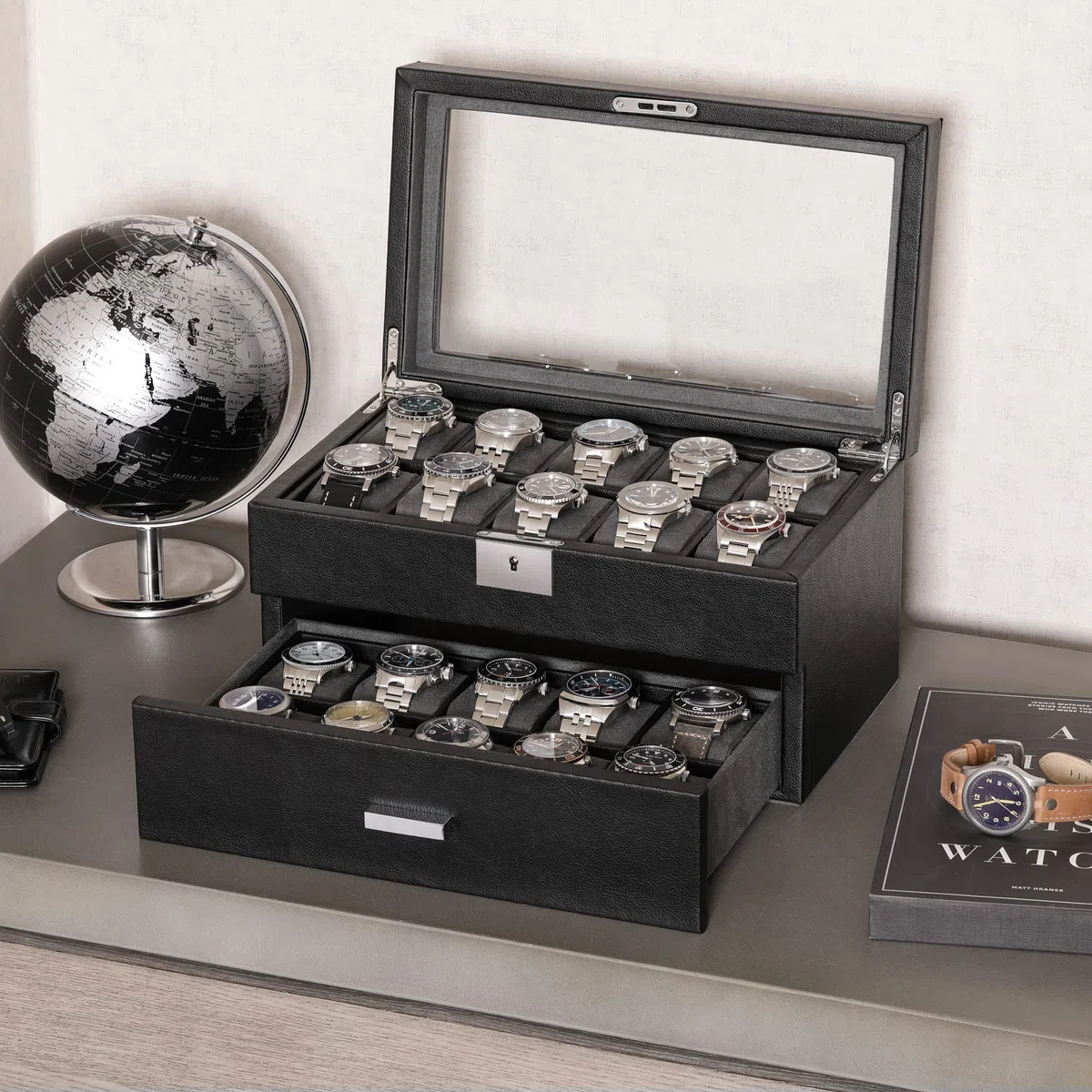 ROTHWELL Scatola per orologi in pelle con 20 scomparti, organizer per orologi di lusso, con chiusura a chiave, con grande ripiano in vero vetro, organizer per orologi da uomo e donna