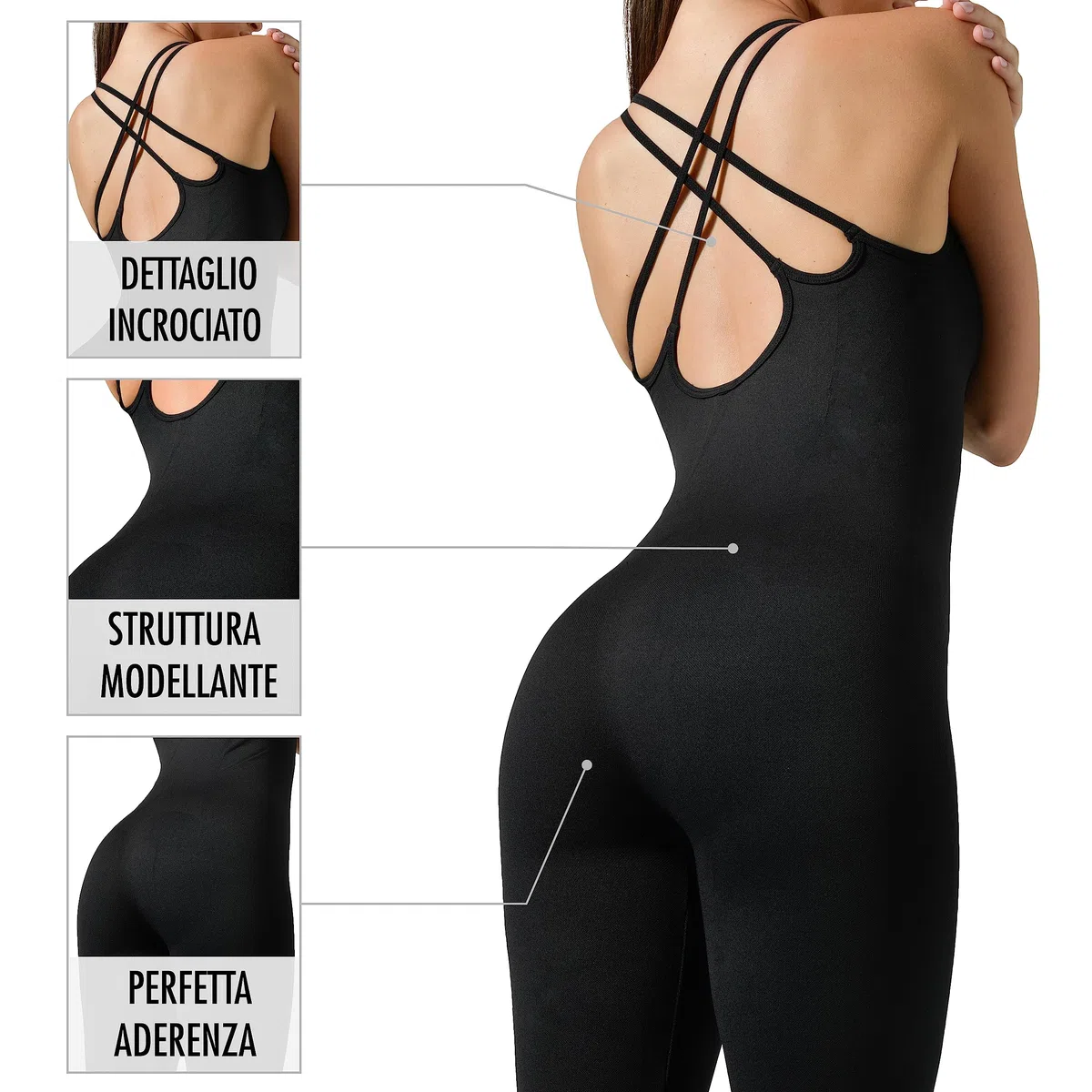 Risalti Tuta Jumpsuit Donna Sportiva - Tutina Aderente Lunga, Senza Maniche, Tuta Intera, Attillata, Elegante, Seamless, Fitness, Yoga, Palestra - Made in Italy