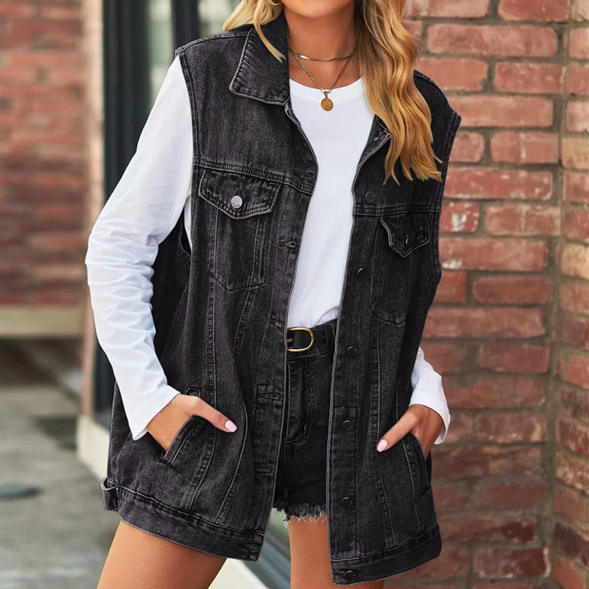 Generisch Gilet in jeans da donna, taglie forti, primavera e autunno, senza maniche, per il tempo libero, outwear, gilet da donna