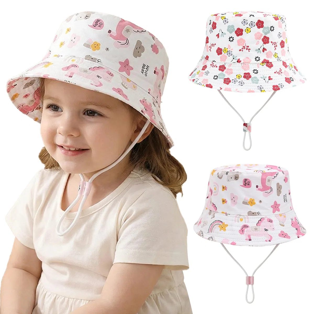 2Pcs Cappelli da Sole per Ragazze con Motivo Carino, Leggeri e Traspiranti Cappelli Estivi per Ragazze, Cappello da Sole per Bambini con Cinturino, Cappello da Spiaggia Pieghevole per 2-5 Anni