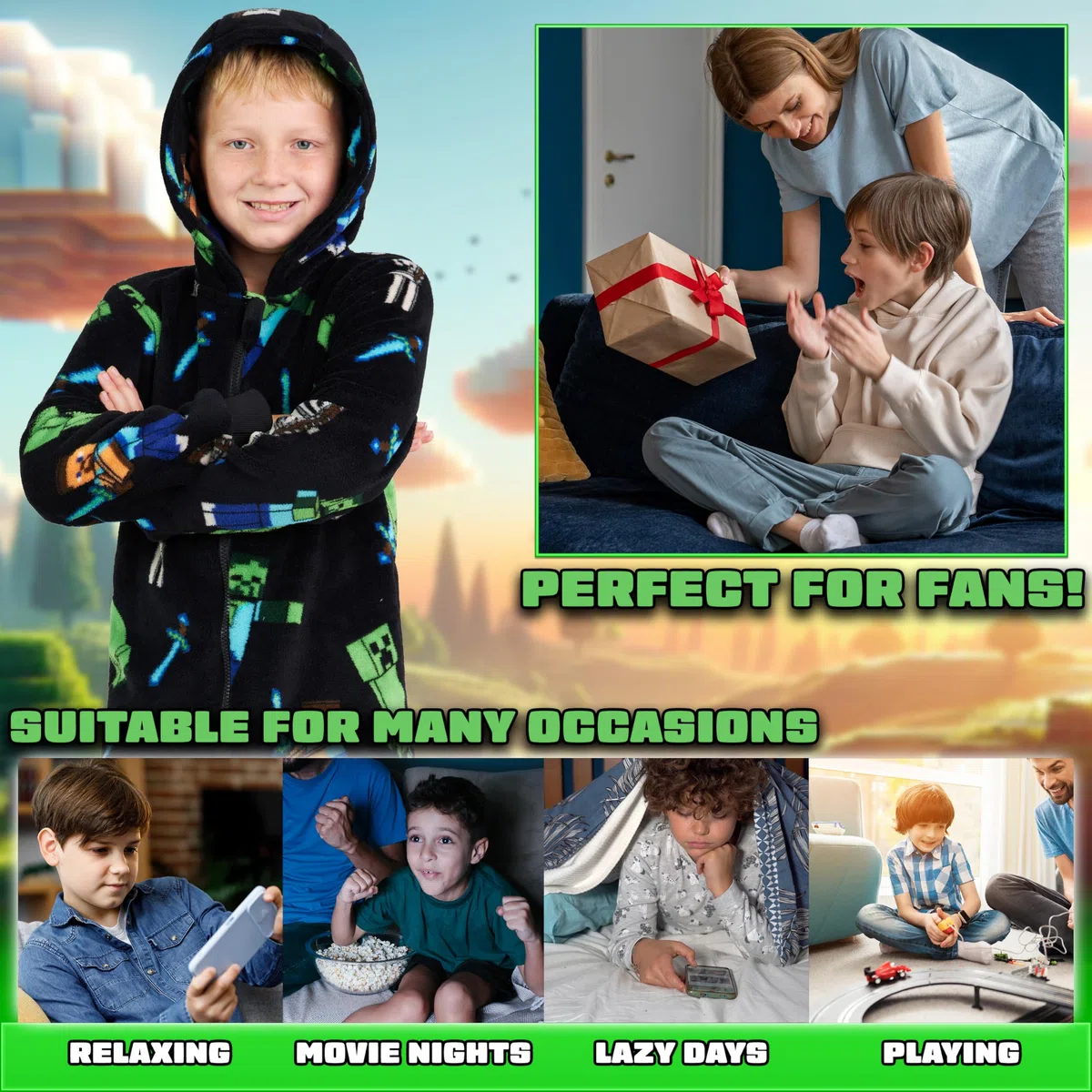 MINECRAFT Pile Pigiama Intero Ragazzo con Cappuccio Tuta Intera - Regalo Bambino
