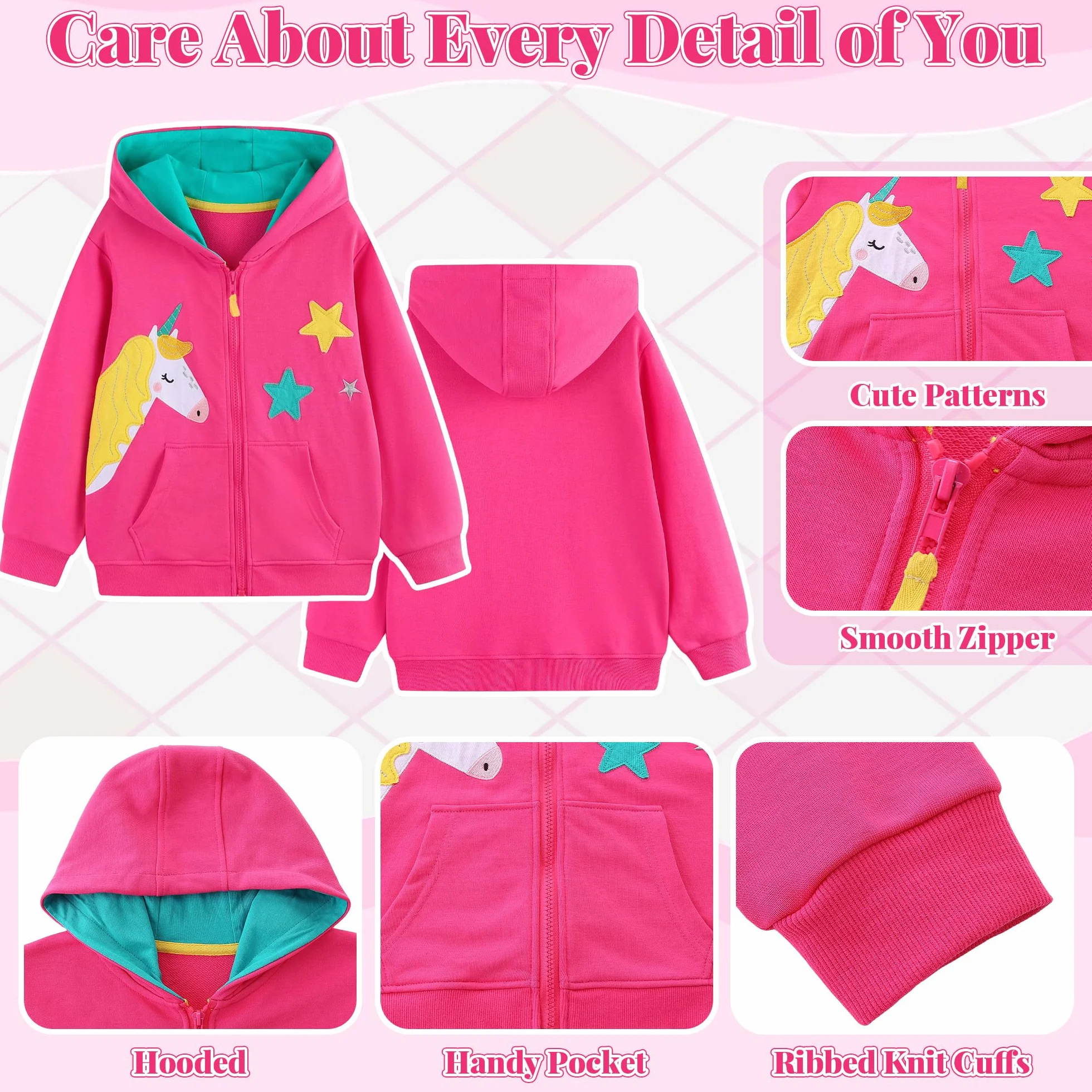 Felpe con Cappuccio Ragazza Zip Bambine Cotone Giacca Cappuccio a Manica Lunga Moda Carino Casual Hoodie con Cerniera e Tasche Vestiti Felpa per Ragazze età 3-8 Anni