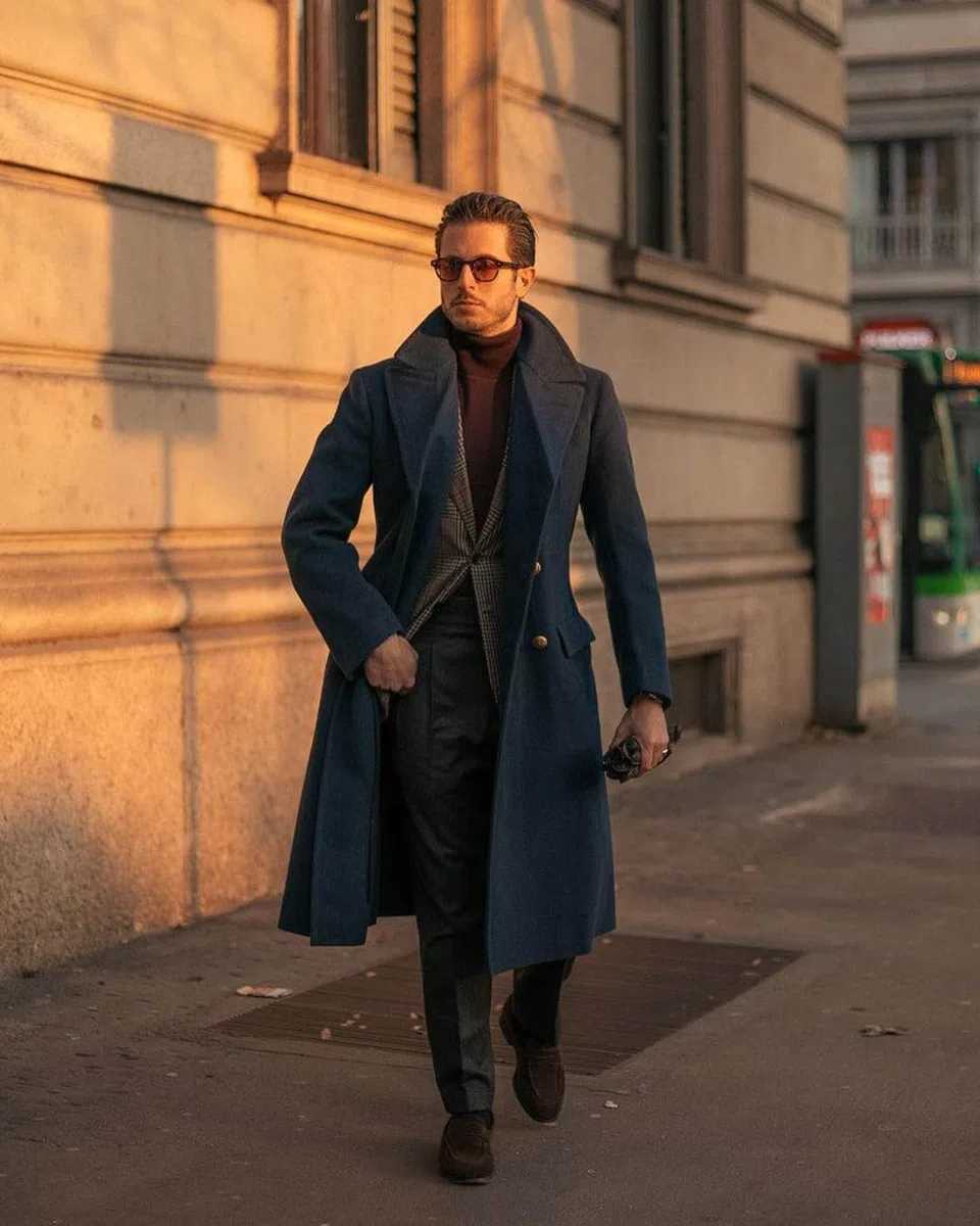Cappotto da uomo in misto lana invernale vintage tweed pisello cappotto slim fit doppio petto con risvolto a punta Trench Jacket
