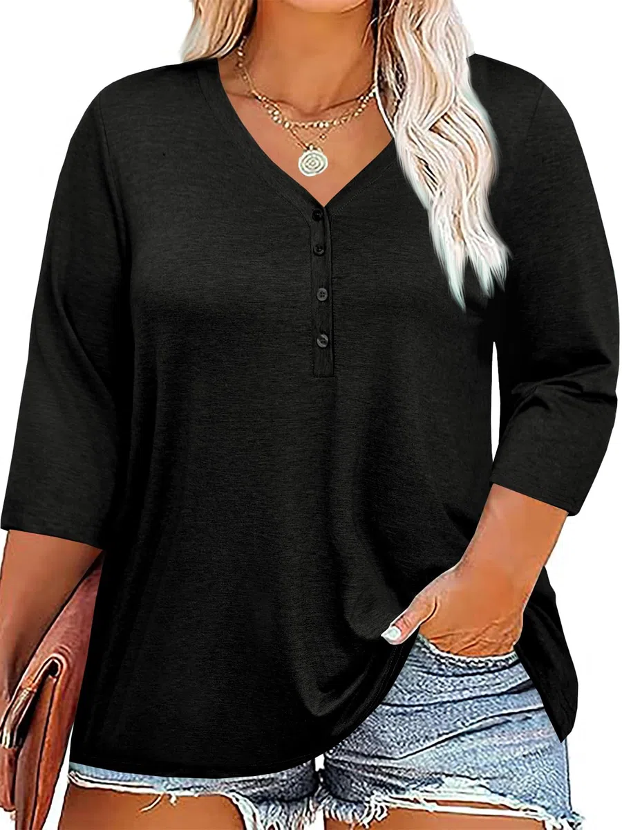 Fisoew Maglietta da Donna con Maniche a 3/4, con Scollo a V, con Bottone, Oversize, a Maniche Corte