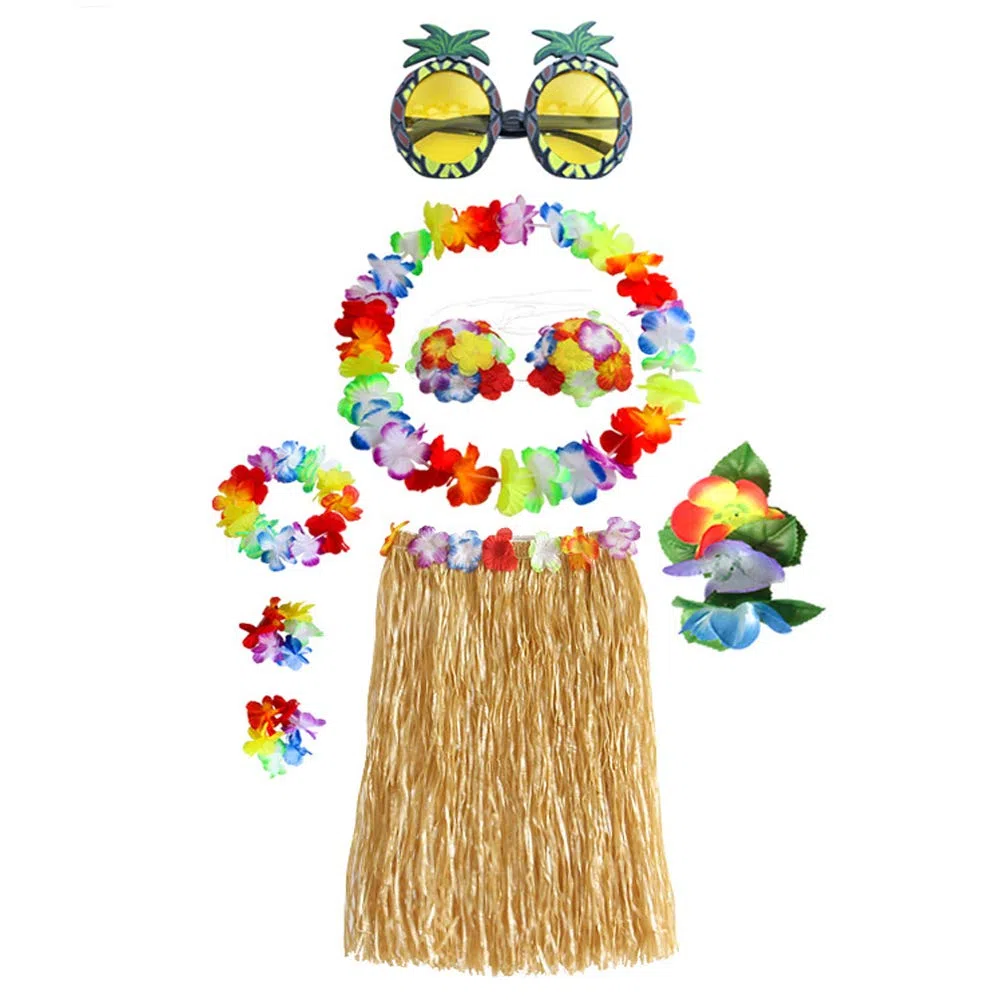 Set Costume Hawaiano ，Hula Gonna in Erba con Fiori Costume Set, Elastico Luau Erba e Hawaiano Fiori Braccialetti, per Hawaiian Decorazioni per Feste