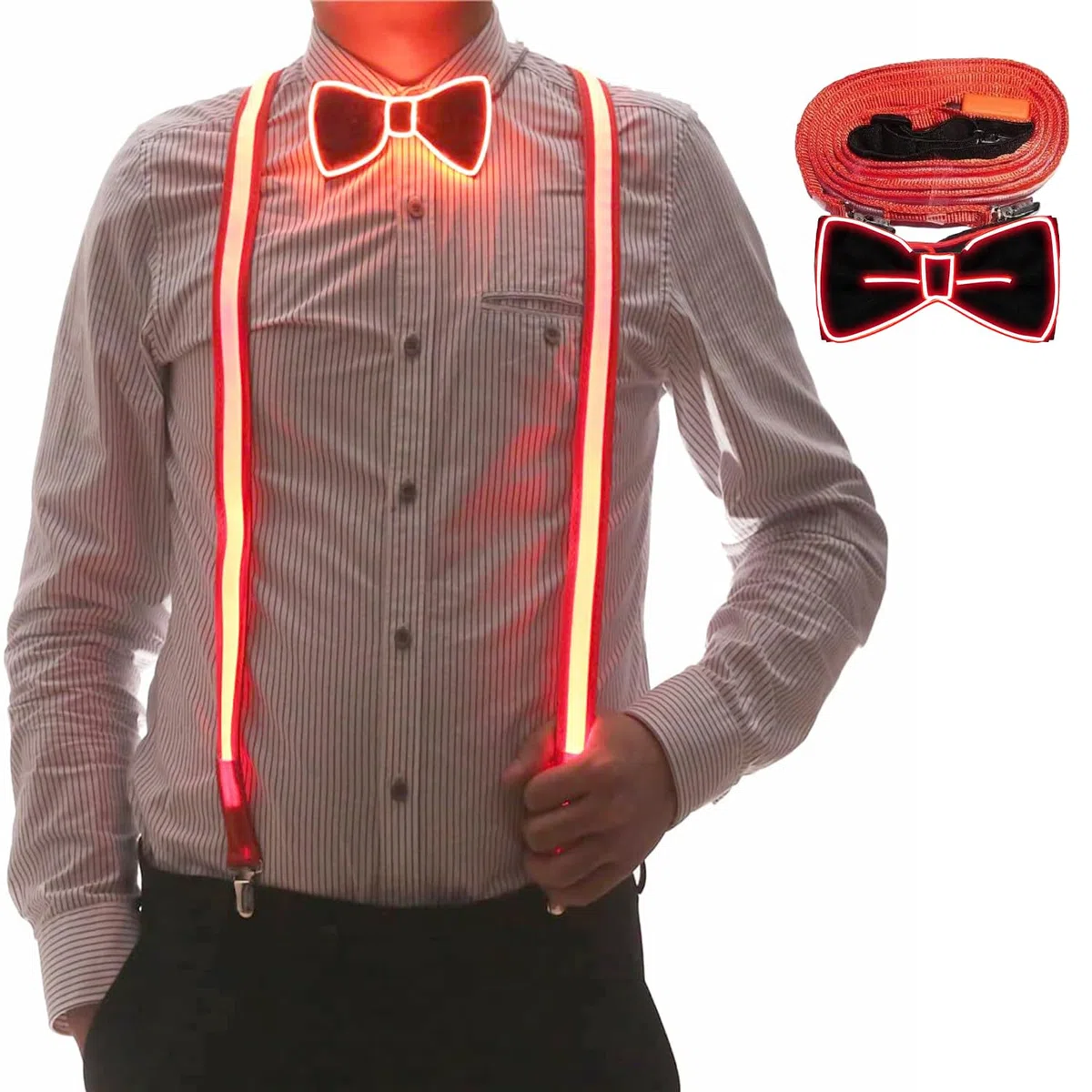 YeahBoom Bretelle LED e papillon da uomo fosforescenti,bretelle luminose a LED,per festival musicale,festa in costume di Halloween, rave party,Natale,forniture per feste al neon fosforescenti