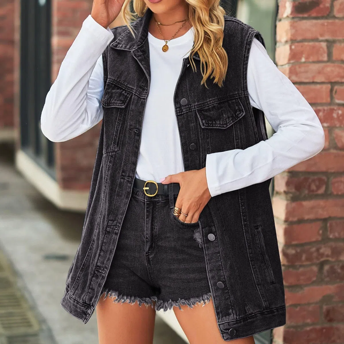 Generisch Gilet in jeans da donna, taglie forti, primavera e autunno, senza maniche, per il tempo libero, outwear, gilet da donna