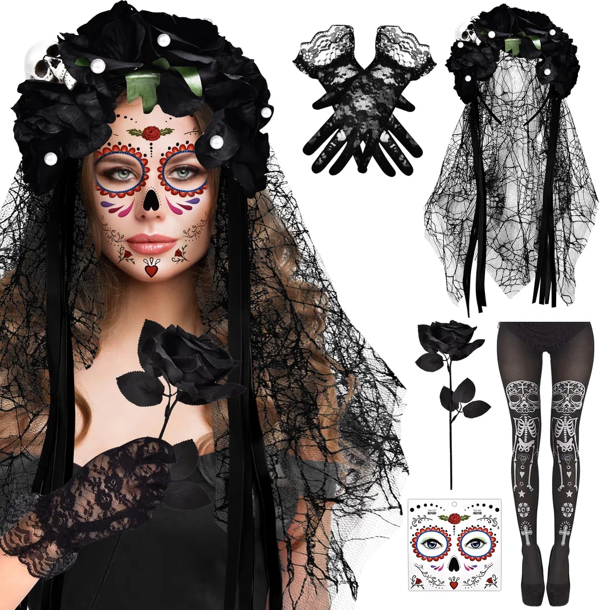 Aragallant Cerchietto Halloween Fascia, Giorno dei Morti Copricapo Festa, Cerchietto di Halloween Fascia Rose, Accessori per Capelli Halloween con Tatuaggi sul Viso, Orecchini