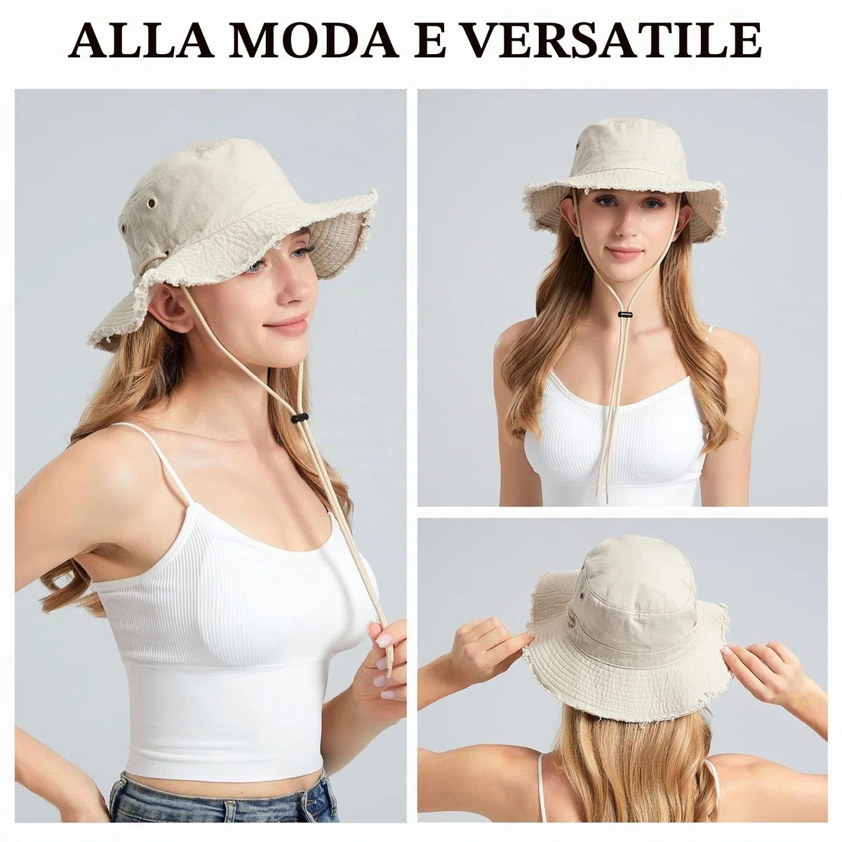 Cappello Pescatore Donna Estivo, Moda Cappello da Sole Cotone a Tesa Larga Pieghevole, UV Protezione Cappellino a Secchiello Bucket Hat da Esterno per Spiaggia All'aperto Trekking