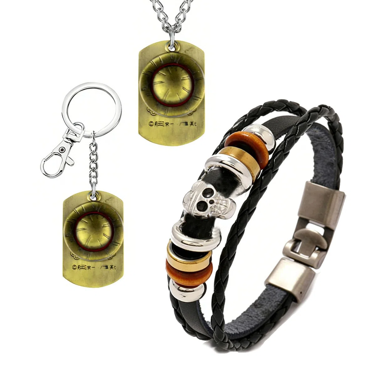 TFYU - Set di gioielli anime One P. Cosplay Luffy, collana con ciondolo a forma di cartone animato, portachiavi e braccialetto con adesivi anime, 23 pezzi, in metallo