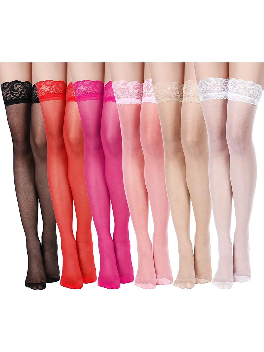 6 Pairs Thigh High Stockings Lace Tights Silky Semi Sheer Stocking for Women Girls