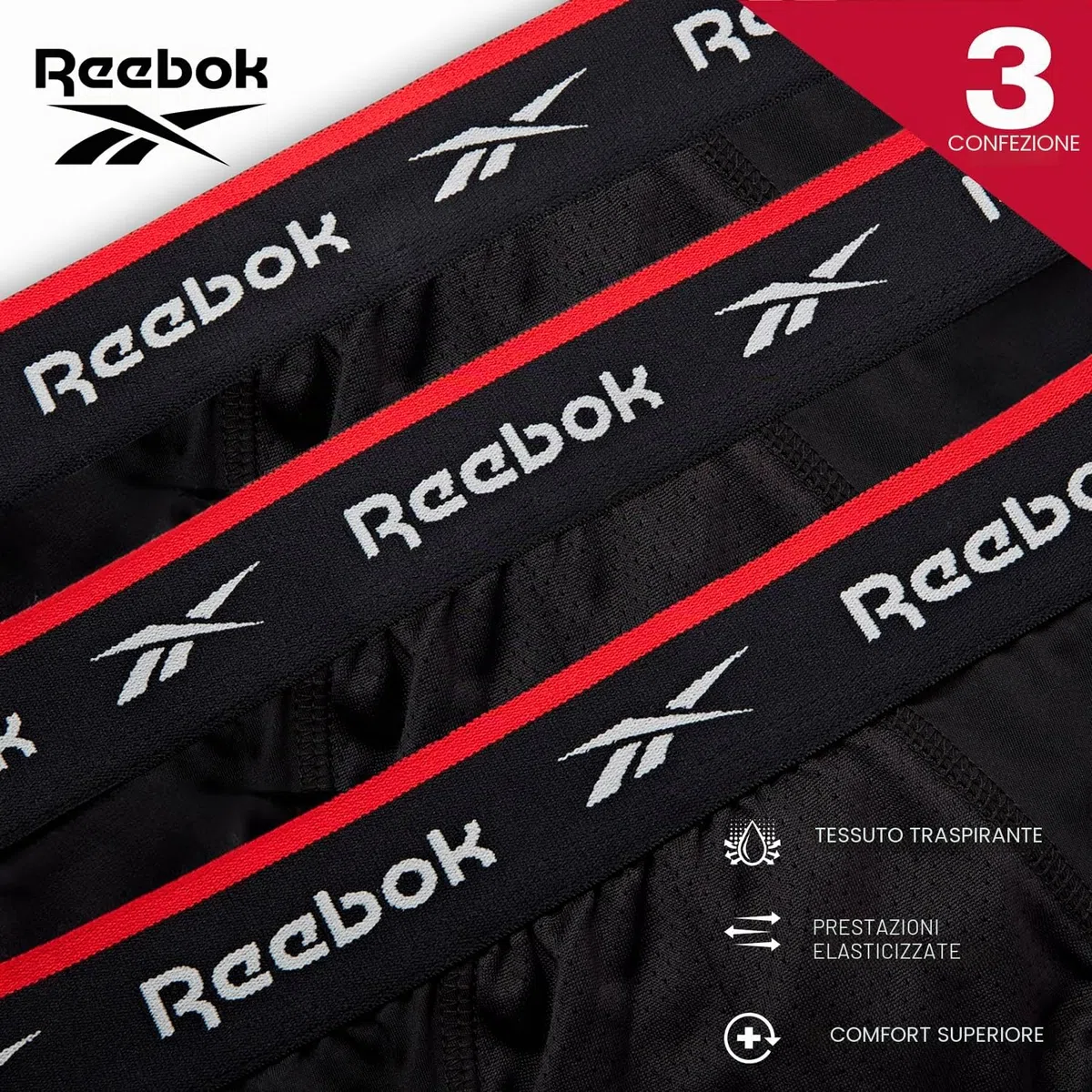 Reebok Wiggins Mutande Bambino Uomo (Pacco da 3)