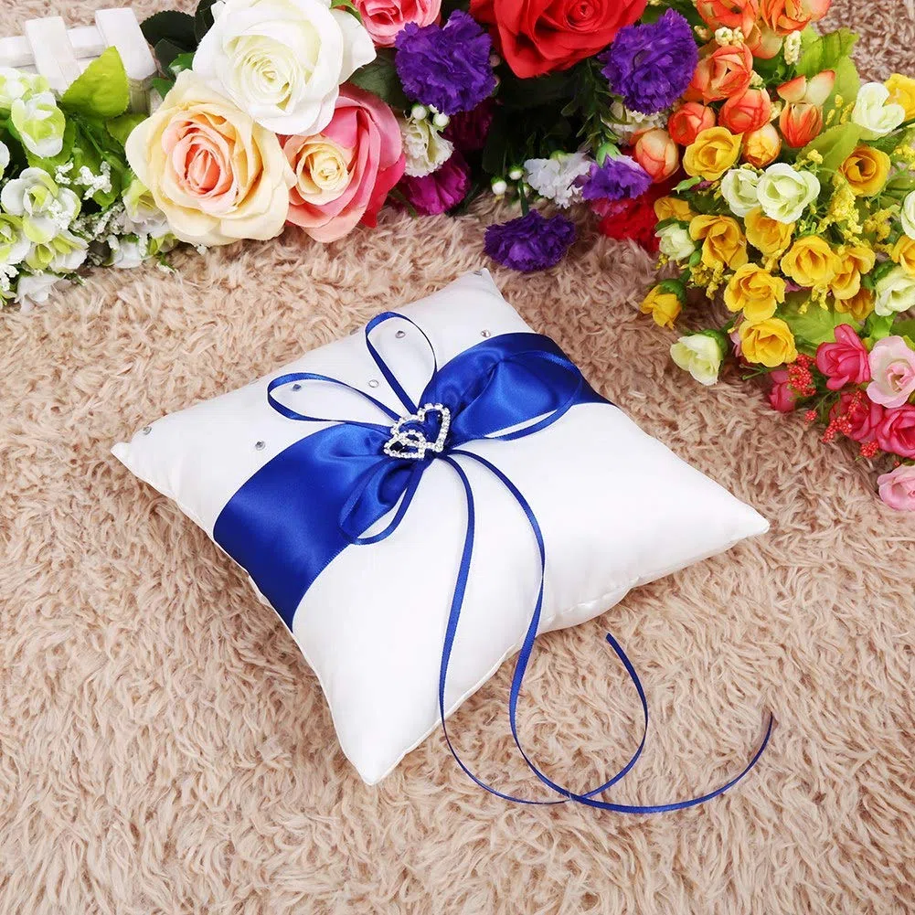 Cuscino per Portafedi Nuziale a Doppio Cuore - Alta Qualità, Fashionable, 4 Colori e Garanzia (Blu)