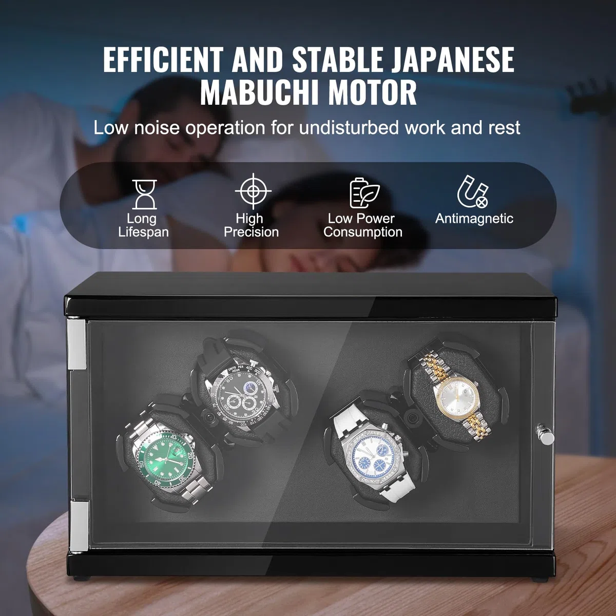 VEVOR Caricaorologi, Caricaorologi per 4 orologi automatici da uomo e da donna, con 2 motori giapponesi super silenziosi, luce LED blu e adattatore, guscio ad alta densità e PU nero