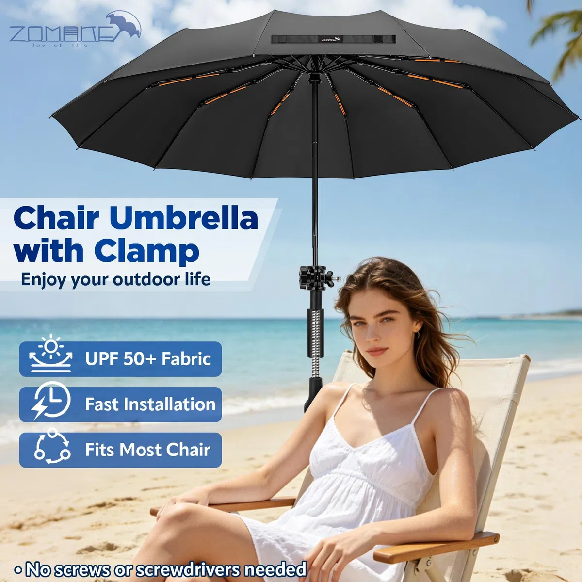 ZOMAKE Ombrellone per Sedia con Morsetto Clip, Parasole per Sdraio Mare, Ombrello per Sedia da Spiaggia