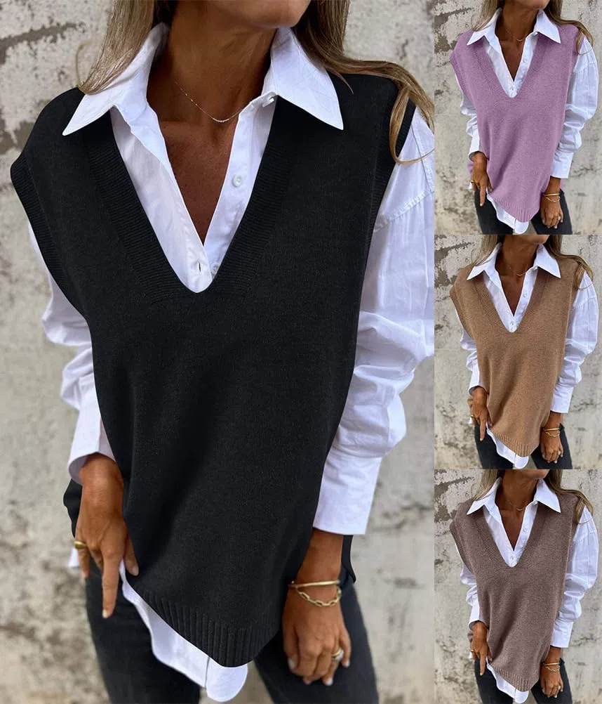 shownicer Maglione Gilet Donna Senza Maniche Scollo a V Pullover Sciolto Cardigan Invernale Vintage Natale Maglia Canotta Autunno Casuale Pullover Gilet Top