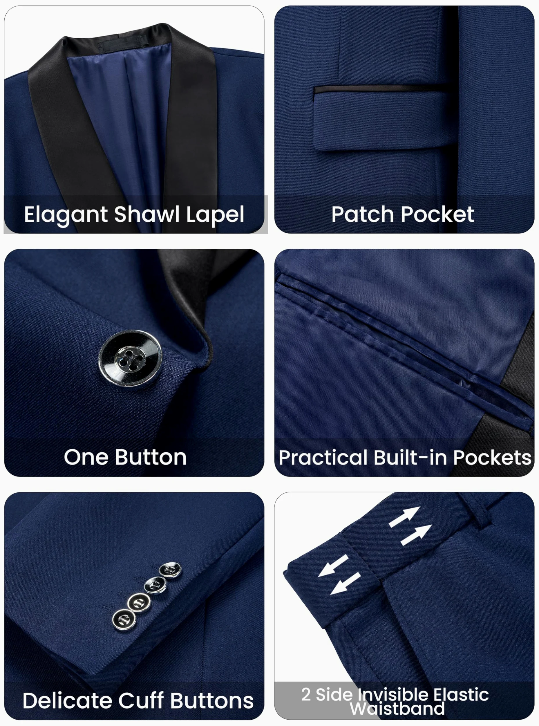 Abito Uomo Slim Fit 3 Pezzi, Elegante Smoking con Bavero a Scialle e 1 Bottone, Completo da Cerimonia per Matrimonio Sposa e Gala Giacca, Gilet e Pantaloni