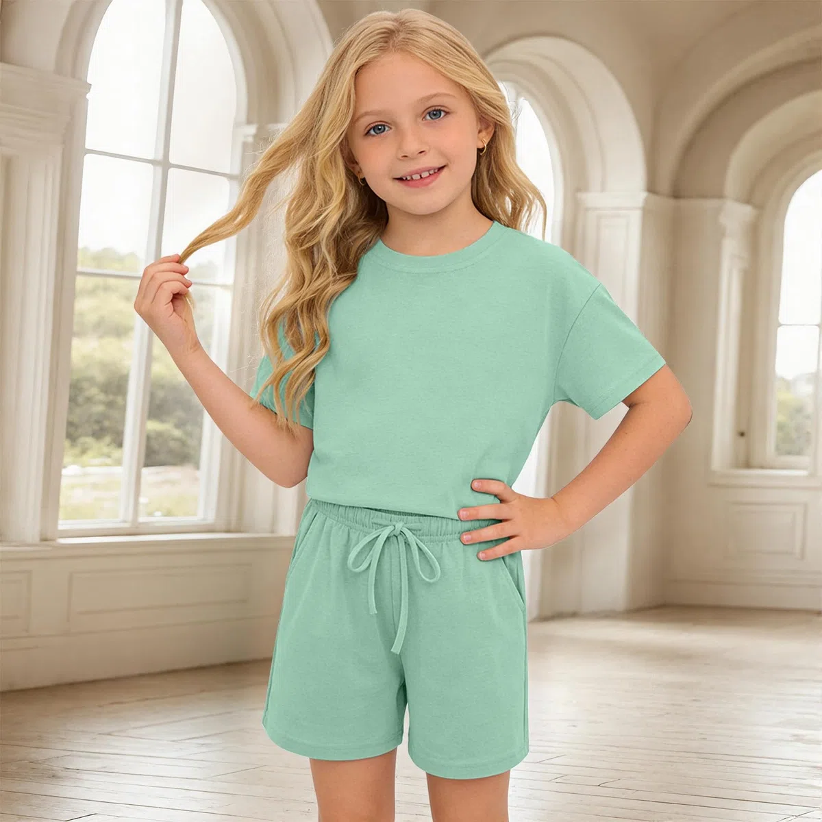 Generico Completo Bambino Set di Abbigliamento Bambini 2 Pezzi in Cotone T Shirt Manica Corta Pantaloncini Elastici Completo Estivi Tuta Sportivi Casual Tinta Unita Completi Elegante Bambina