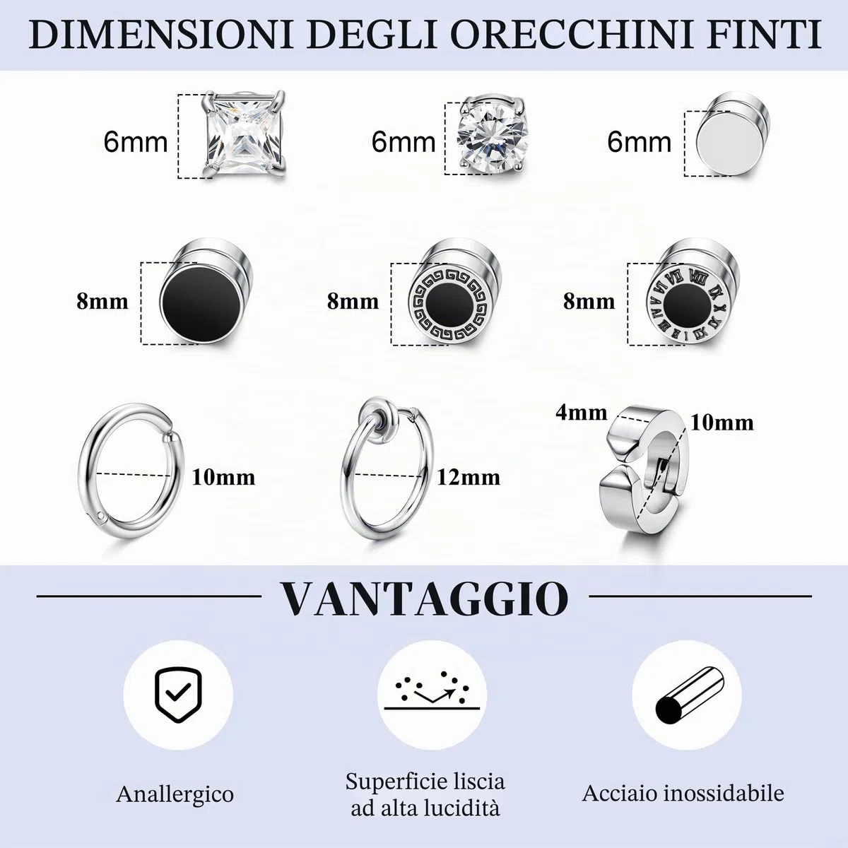 MILACOLATO 9 paia Orecchini Magnetici per Uomo Donna Argento Non Forato 316L Orecchini Magnetici in Acciaio Inossidabile CZ Magnete clip su Orecchini Finti Set Nero/Argento