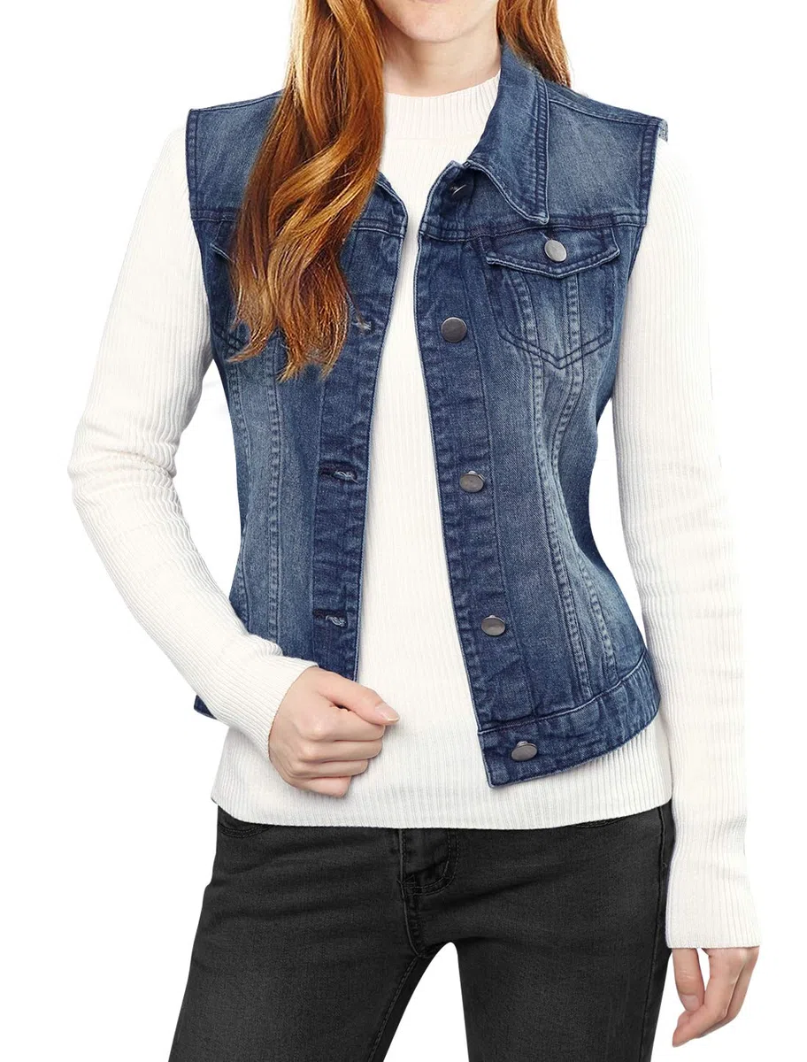 Allegra K Denim Vest Giacca da college Donna