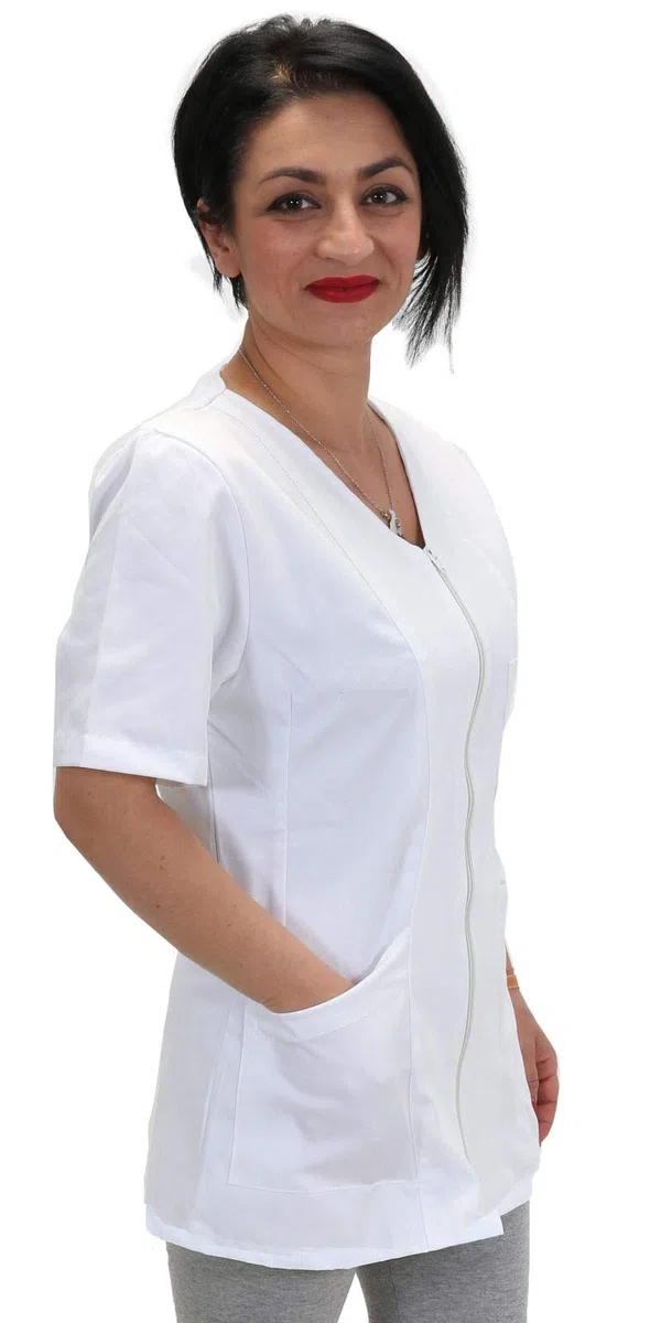 Petersabitidalavoro Casacca, Camici da Lavoro Donna con Zip,Bianco,Cotone, Estetista,parrucchiera, MAESTRA Asilo,Alimentari