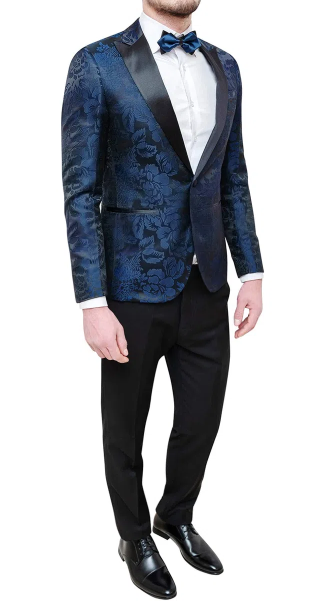 Abito Completo Uomo Blu Raso Damascato Floreale Smoking Elegante Cerimonia