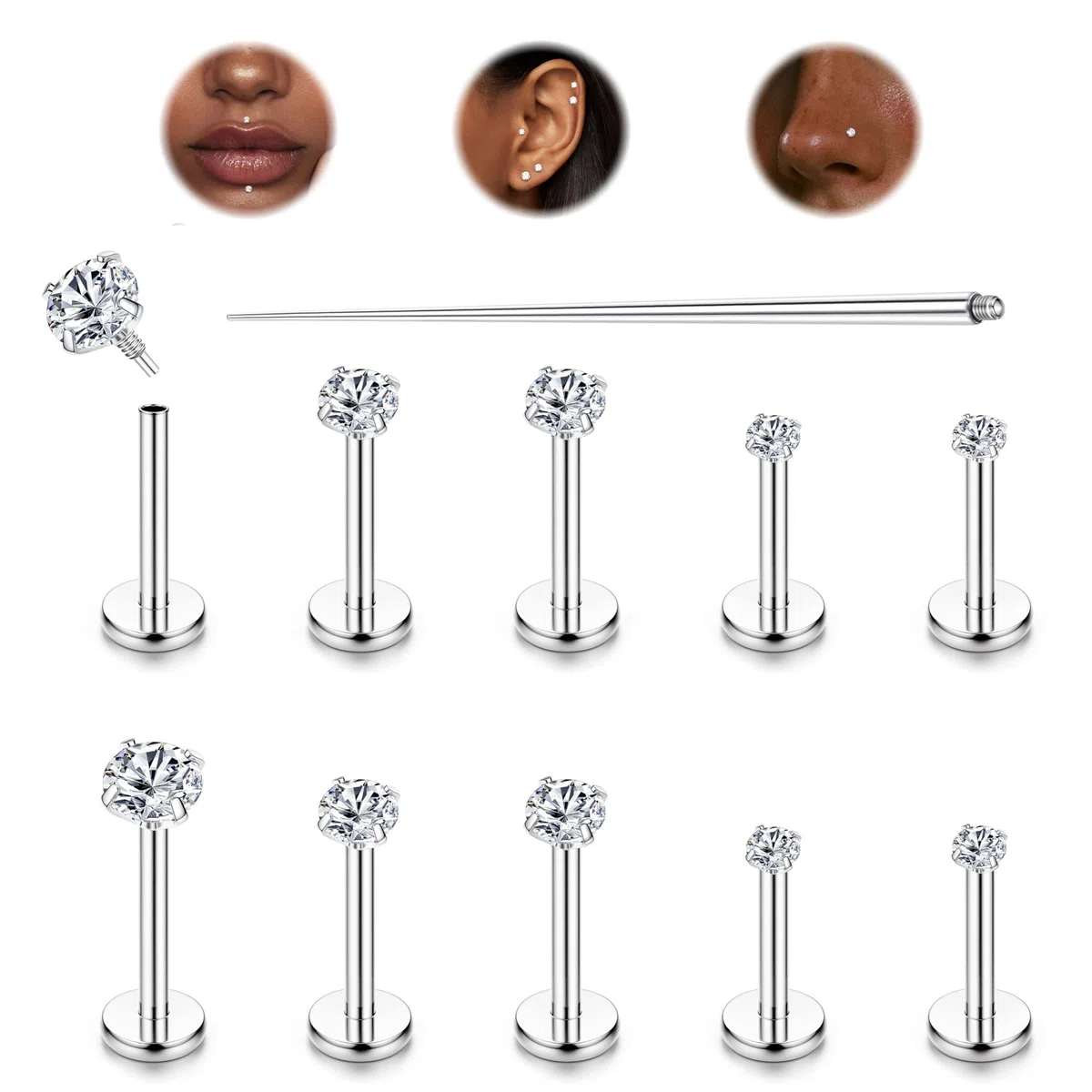 LOLIAS 10 Pz 16G Titanio Piercing Naso Piercing Orecchio Helix Piercing Labret della Vite prigioniera Trago Piercing Lip Piercing Trago Medusa Piercing Gioielli 6/7/8MM