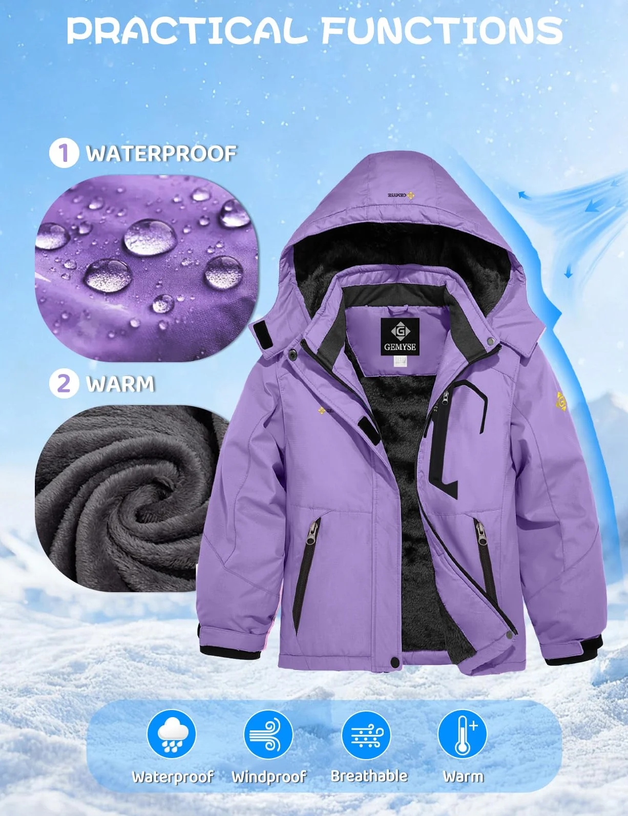 GEMYSE Bambine Giacca da Sci Impermeabile Pile Antivento Giacche Ragazze invernale Cappotto con Cappuccio