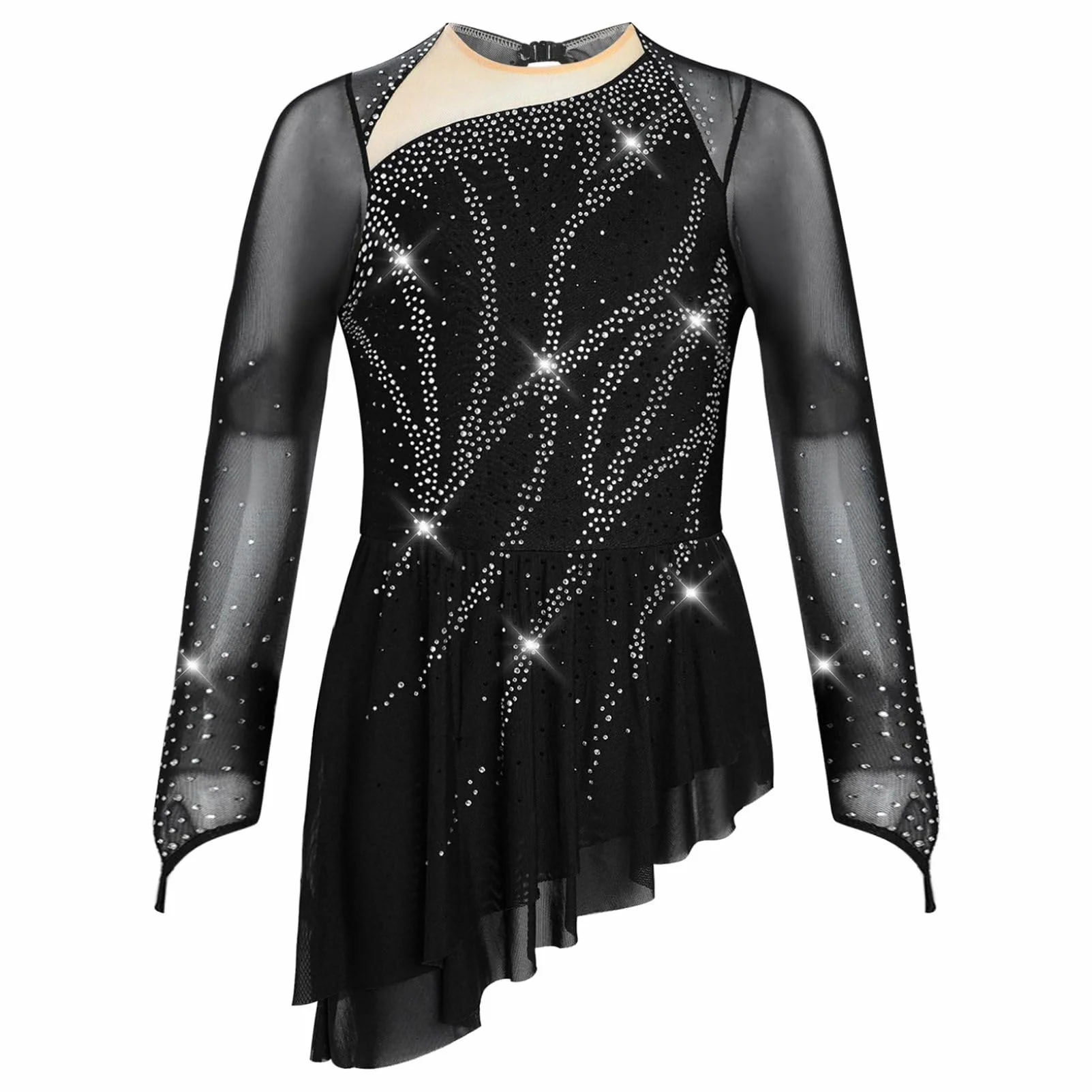Oyolan Bambino Ragazza Vestito Pattinaggio Di Artistico Maniche Lunghe Strass Asimmetrico Danza Leotard Ginnastica Spettacolo