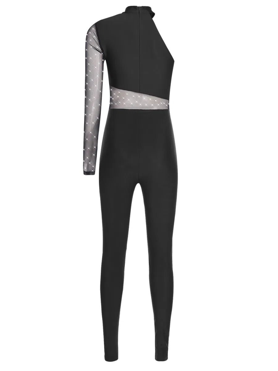 Alvivi Tuta Intera per Pattinaggio Artistico Donna Monospalla con Strass Bodysuit Leotard Ginnastica in Rete Trasparente Jumpsuit Danza Latina Allenamente