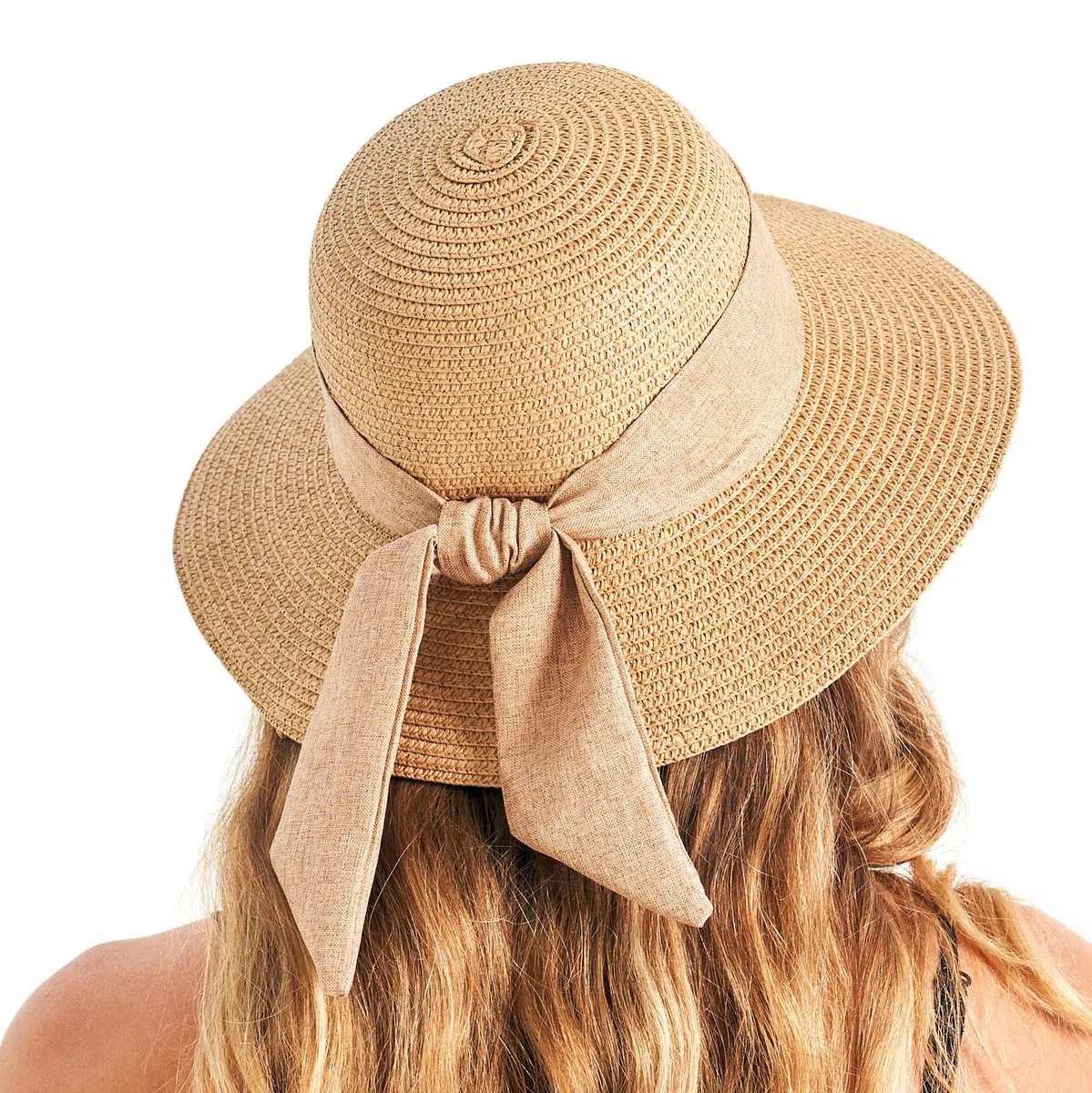 Cappelli da sole da spiaggia per donne UPF 50+, cappello di paglia a falda larga con decorazione a fiocco per donne, cappello da sole in paglia leggero, pieghevole e compatto per viaggi estivi