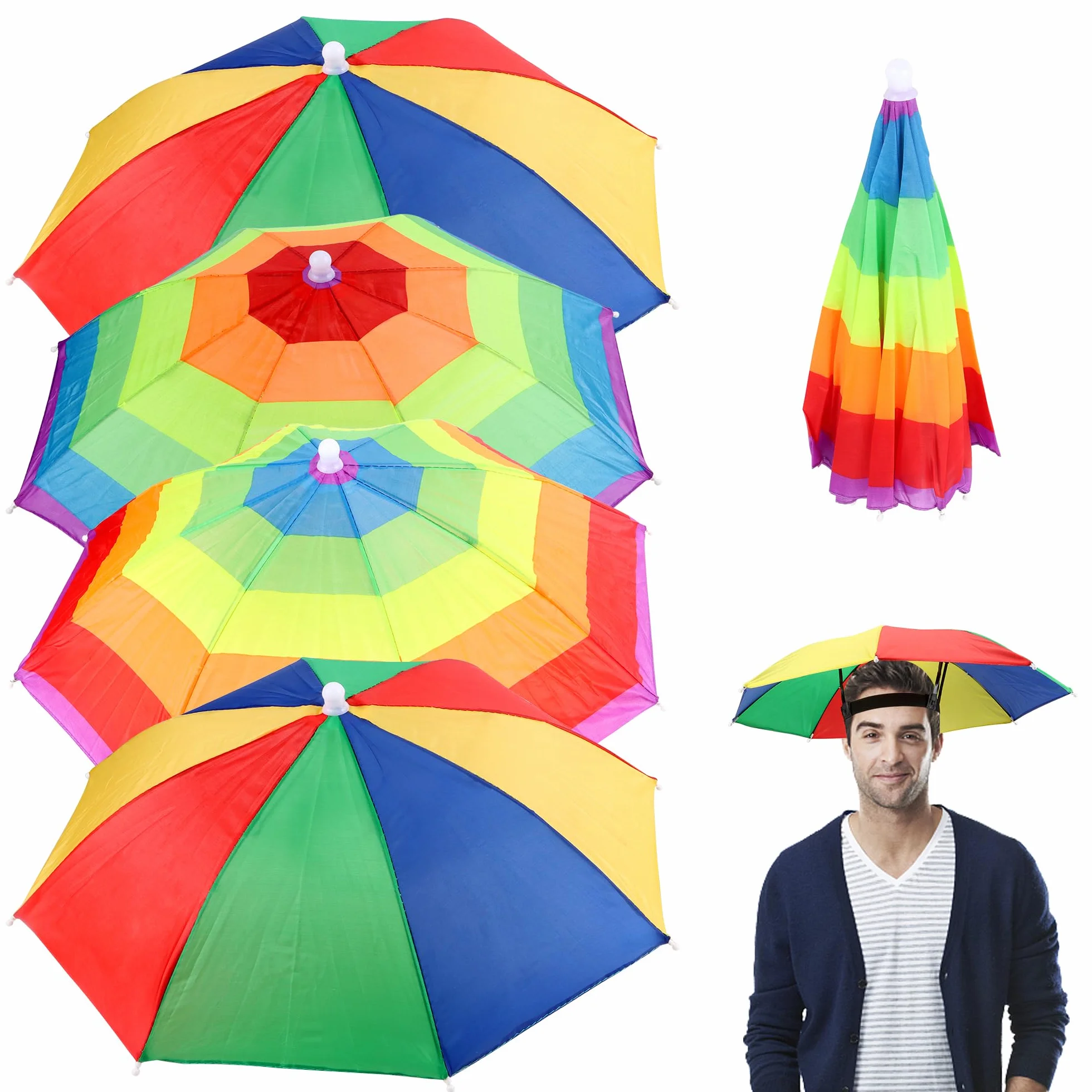 JSMTKJ 4 Pezzi Cappelli Ombrello con Fascia Elastica, Portatile Arcobaleno Cappello Parasole per Pesca all'Aperto campeggio